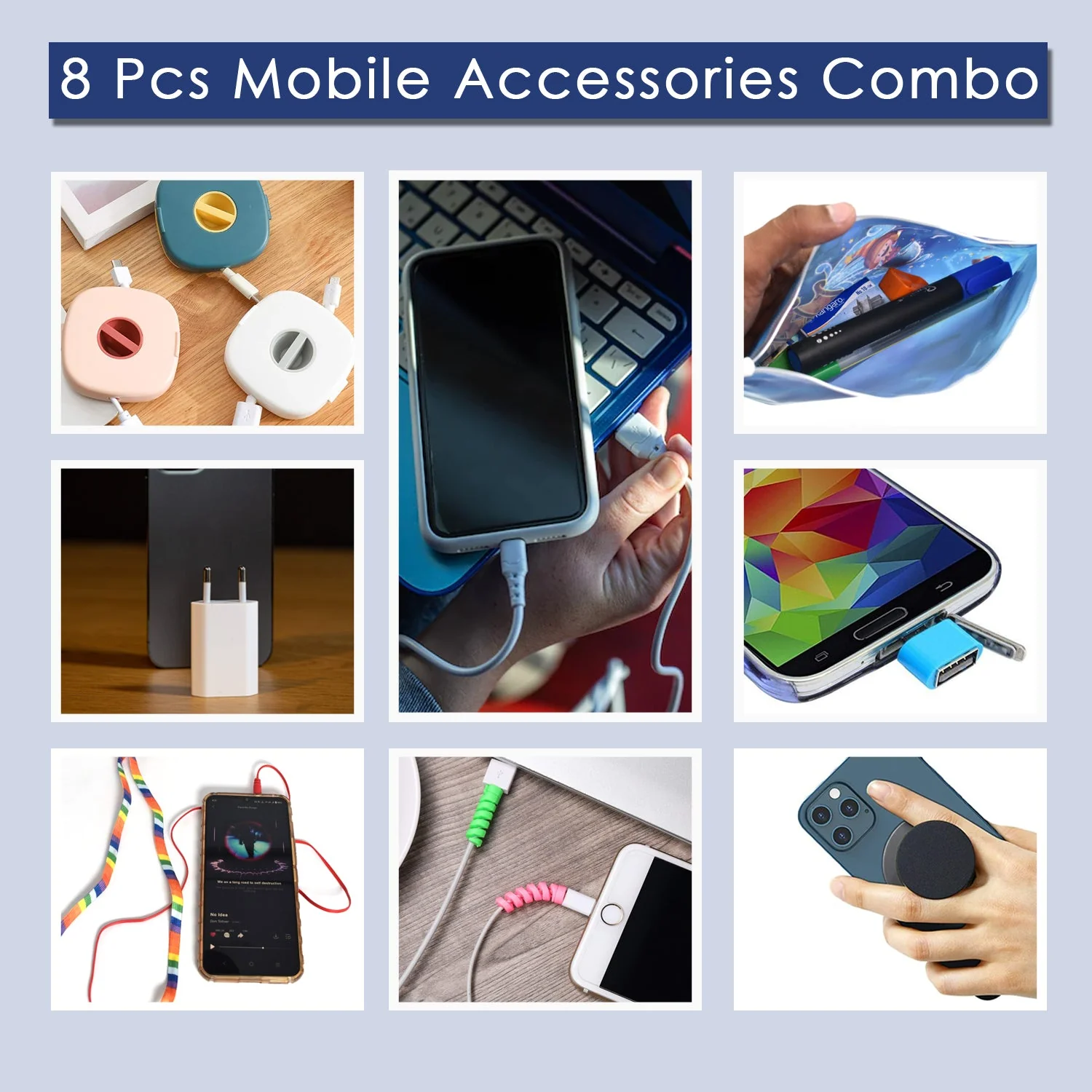 8Pcs Mobile Accessories Combo In Zip Printed Pouch Bag - Image 6